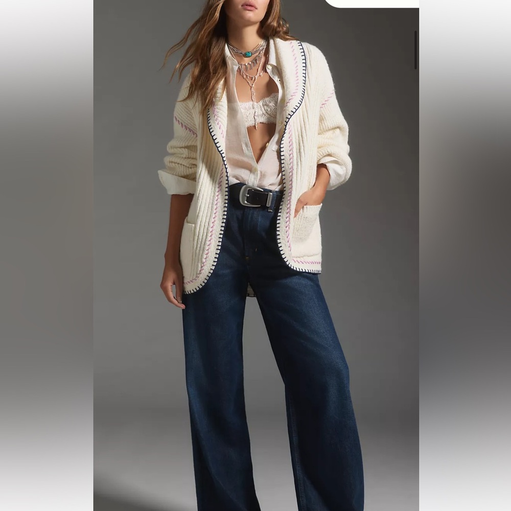 Anthropologie Maeve Collared Whipstitch Open Cardigan Sweater Pockets Ivory - Picture 4 of 6